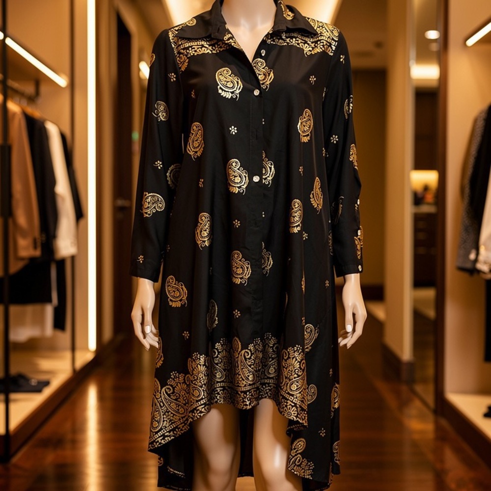 Black and Gold Paisley Shirt Dress - Picture 2 of 2